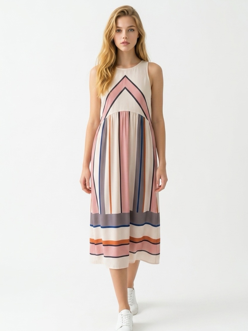 Sleeveless Striped Midi Dress in Cream and Blush